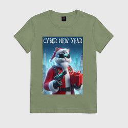 Футболка хлопковая женская Кот с пистолетом и подарком, цвет: авокадо