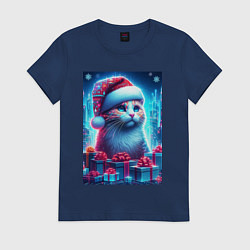 Футболка хлопковая женская Новогодний котик среди подарков, цвет: тёмно-синий