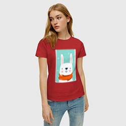 Футболка хлопковая женская Снежный заяц с шарфом, цвет: красный — фото 2