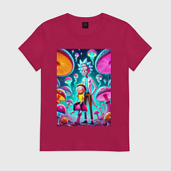 Футболка хлопковая женская Морти сидит на грибе рядом с Риком, цвет: маджента