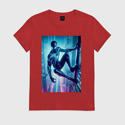 Футболка хлопковая женская Чувак-паук висит на стене небоскрёба, цвет: красный