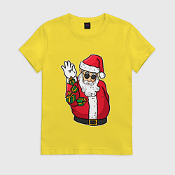 Футболка хлопковая женская Дед мороз сыплет подарками, цвет: желтый