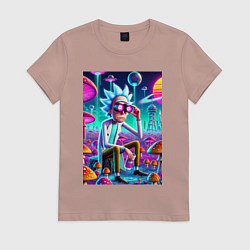Футболка хлопковая женская Рик в неоновых очках среди грибов, цвет: пыльно-розовый