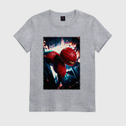 Футболка хлопковая женская Человек паук над ночным городом, цвет: меланж