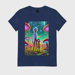Футболка хлопковая женская Morty and Rick on a neon planet, цвет: тёмно-синий