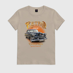 Футболка хлопковая женская Ретро гараж и автомобиль Chevrolet 210 Deluxe, цвет: миндальный