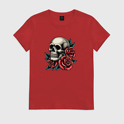 Футболка хлопковая женская Череп с красными розами и листьями, цвет: красный