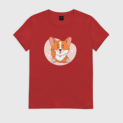 Футболка хлопковая женская Щенок корги показывает лапой жест - сердечко, цвет: красный
