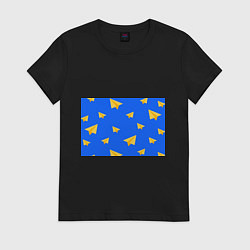 Футболка хлопковая женская Желтый самолетик, цвет: черный