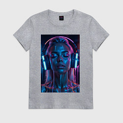 Футболка хлопковая женская Девушка с наушниками в неоне, цвет: меланж