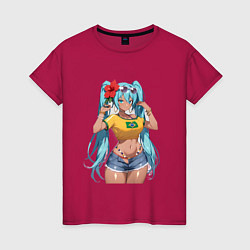 Футболка хлопковая женская Miku Hatsune с цветком, цвет: маджента