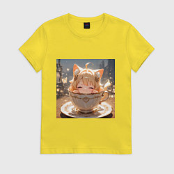 Футболка хлопковая женская Кошечка с короной в чашке, цвет: желтый