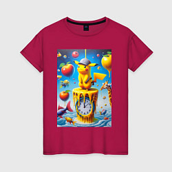 Футболка хлопковая женская Funny Pikachu and fishes - surrealism, цвет: маджента