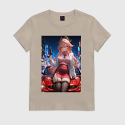 Футболка хлопковая женская Яэ Мико Genshin Impact на капоте с револьвером, цвет: миндальный