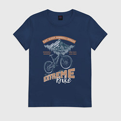 Футболка хлопковая женская Горный велосипед, лес, горы, эсктримальный стиль, цвет: тёмно-синий
