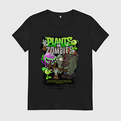 Футболка хлопковая женская Растения против зомби с персонажами, цвет: черный