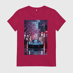Футболка хлопковая женская Суперкар и сакура, цвет: маджента