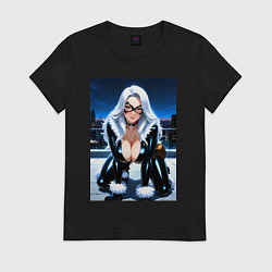 Футболка хлопковая женская Черная кошка на крыше небоскреба, цвет: черный