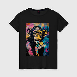 Футболка хлопковая женская Cute monkey, цвет: черный