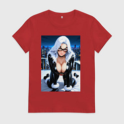 Футболка хлопковая женская Черная кошка на крыше небоскреба, цвет: красный