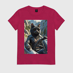 Футболка хлопковая женская Кот за рулем кабролета, цвет: маджента