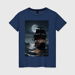 Футболка хлопковая женская Пиратский корабль в шторм, цвет: тёмно-синий
