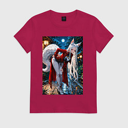 Футболка хлопковая женская Белоснежная лиса лунной ночью, цвет: маджента