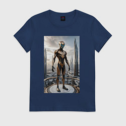 Футболка хлопковая женская Инопланетянин в городе будущего, цвет: тёмно-синий
