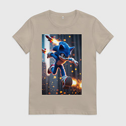 Футболка хлопковая женская Соник убегает от летящих ракет, цвет: миндальный