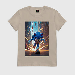 Футболка хлопковая женская Соник убегает от летящих ракет, цвет: миндальный