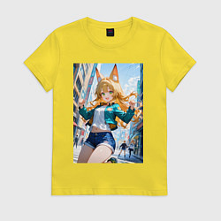 Футболка хлопковая женская Позитивная лисичка поднимающая настроение, цвет: желтый