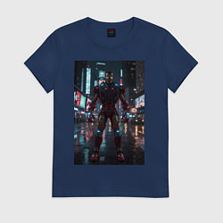 Футболка хлопковая женская Железный человек посреди ночного города, цвет: тёмно-синий