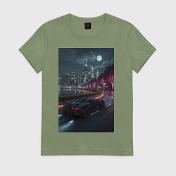 Футболка хлопковая женская Черный суперкар едет к мегаполису, цвет: авокадо