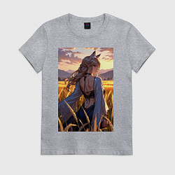 Футболка хлопковая женская Девушка-волчица посреди поля пшеницы, цвет: меланж