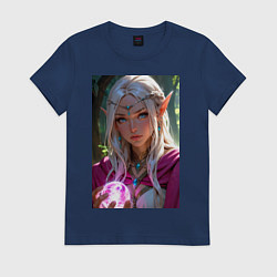 Футболка хлопковая женская Прекрасная эльфийка с магической сферой, цвет: тёмно-синий