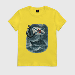 Футболка хлопковая женская Корабль во время шторма - ВМФ, цвет: желтый
