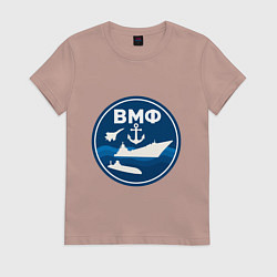 Футболка хлопковая женская ВМФ - самолет, корабль, подводная лодка и якорь, цвет: пыльно-розовый