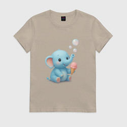 Футболка хлопковая женская Маленький слоненок с мороженым, цвет: миндальный