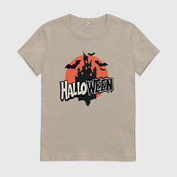 Футболка хлопковая женская Логотип halloween с замком и летучими мышами, цвет: миндальный