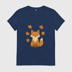 Футболка хлопковая женская Лиса с листьями, цвет: тёмно-синий