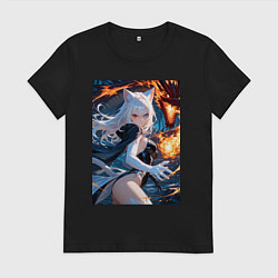 Футболка хлопковая женская Кошка сражается с драконом, цвет: черный