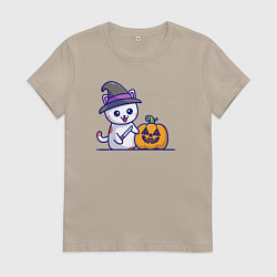Футболка хлопковая женская Cat pumpkin, цвет: миндальный