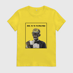 Футболка хлопковая женская Жив, но по расписанию - зомби джентельмен, цвет: желтый