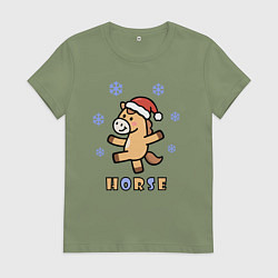 Футболка хлопковая женская Лошадь и снежинки, символ года, цвет: авокадо