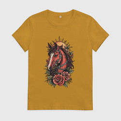 Футболка хлопковая женская Красный конь с розами, цвет: горчичный