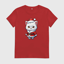 Футболка хлопковая женская Белый кот дед мороз, цвет: красный