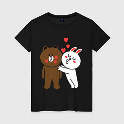 Футболка хлопковая женская Медведь и кролик, цвет: черный