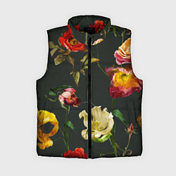 Женский жилет Цветы Нарисованные Красные Розы и Лилии На Коричне