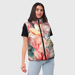 Женский жилет Разноцветные пастельные тюльпаны - паттерн, цвет: 3D-черный — фото 2
