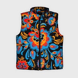 Женский жилет Хохломская роспись разноцветные цветы на чёроном ф, цвет: 3D-черный